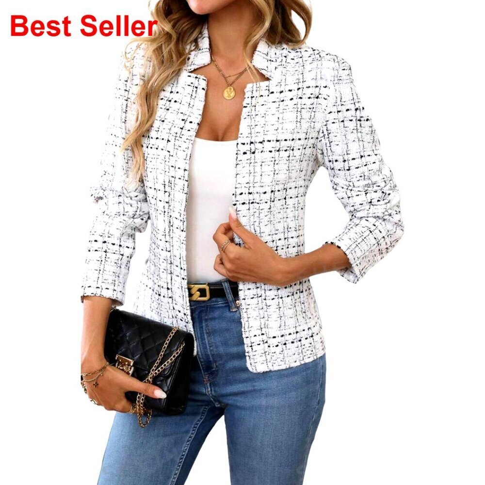 Women's Tweed Blazer Long Sleeve Open Front Notch Collar Slim Fit Office Wear